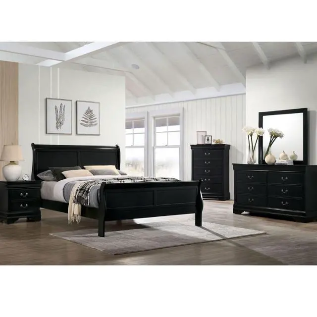 Alt view image 5 of 7 - Queen Size Bed Black Louis Phillipe Solidwood 1Pc Bed Bedroom Sleigh Bed Contemporary Style