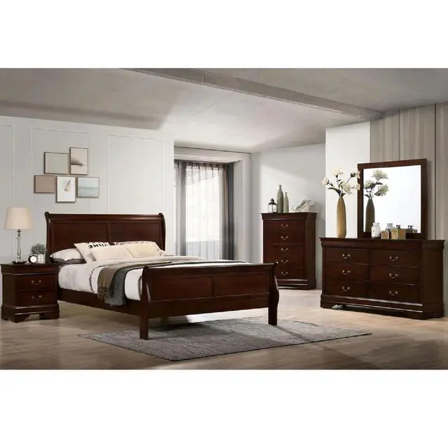 Alt view image 6 of 6 - Queen Size Bed Cherry Louis Phillipe Solidwood 1Pc Bed Bedroom Sleigh Bed Bedroom Furniture Transitional Style