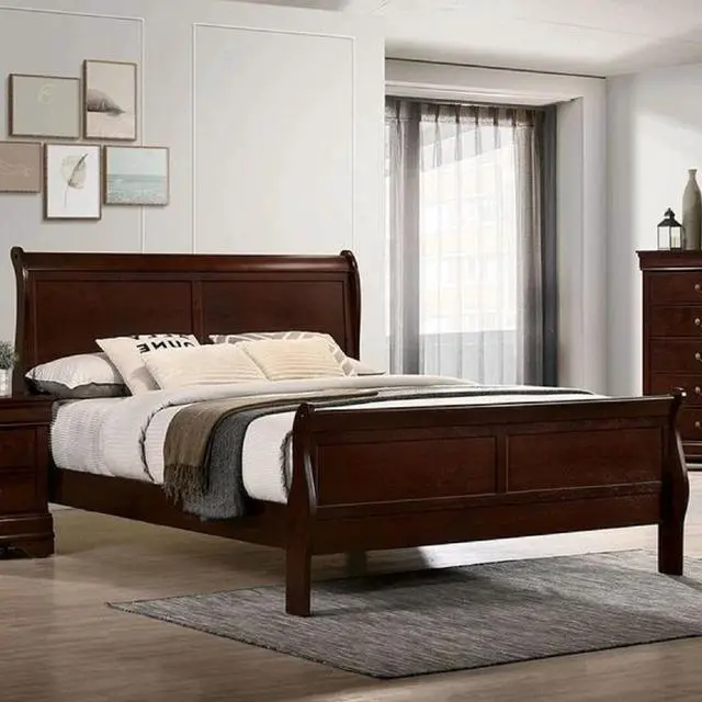 Alt view image 2 of 6 - Queen Size Bed Cherry Louis Phillipe Solidwood 1Pc Bed Bedroom Sleigh Bed Bedroom Furniture Transitional Style