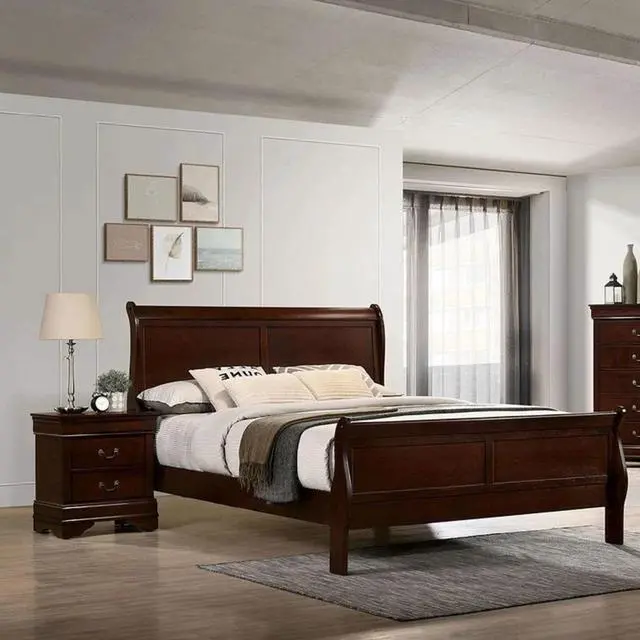 Alt view image 4 of 6 - Queen Size Bed Cherry Louis Phillipe Solidwood 1Pc Bed Bedroom Sleigh Bed Bedroom Furniture Transitional Style