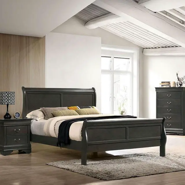 Alt view image 4 of 7 - Classic Contemporary Queen Size Bed Gray Louis Phillipe Solidwood 1Pc Bed Bedroom Sleigh Bed Furniture