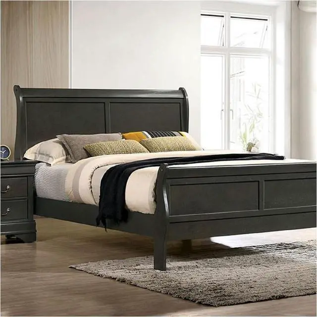 Alt view image 2 of 7 - Classic Contemporary Queen Size Bed Gray Louis Phillipe Solidwood 1Pc Bed Bedroom Sleigh Bed Furniture
