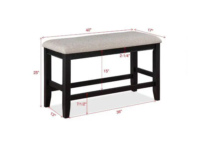 Alt view image 3 of 5 - Farmhouse Style 1pc Black Light Gray Counter Height Bench Footrest Upholstered Seat Wooden Furniture