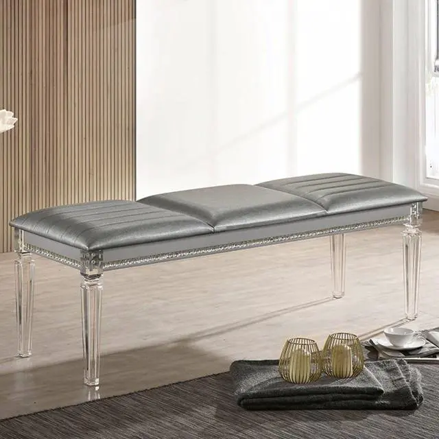 Alt view image 2 of 7 - Antique Classic Silver 1pc Bench Only Contemporary Solid wood Acrylic Legs Crystal And Mirror Accent