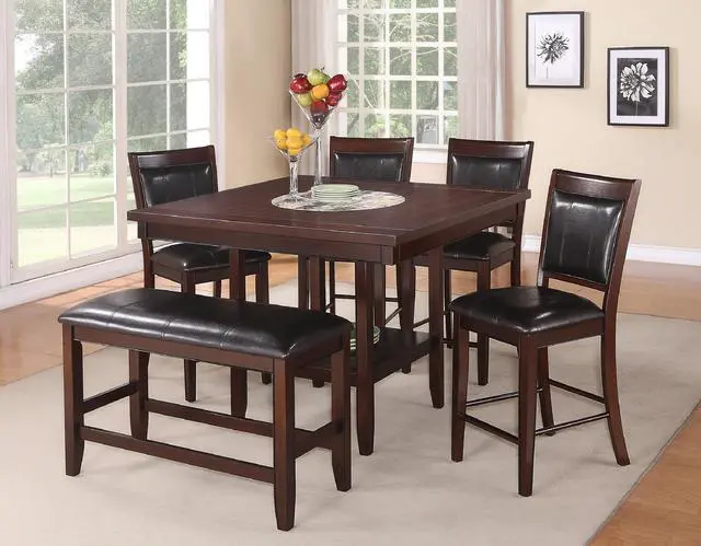 Alt view image 5 of 5 - Farmhouse Style 1pc Brown Espresso Counter Height Bench Footrest Faux Leather Upholstered Seat Wooden Furniture