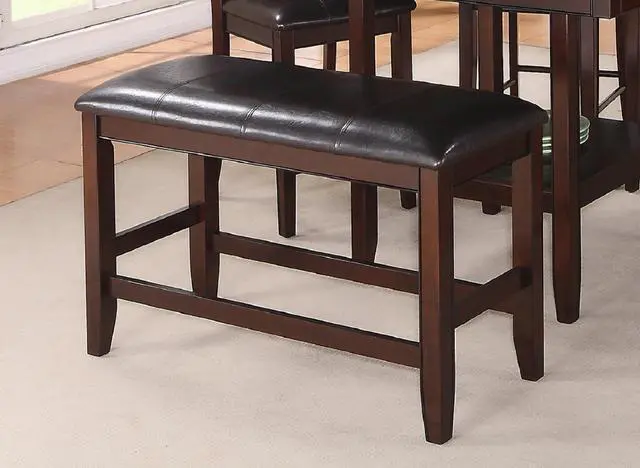Alt view image 2 of 5 - Farmhouse Style 1pc Brown Espresso Counter Height Bench Footrest Faux Leather Upholstered Seat Wooden Furniture