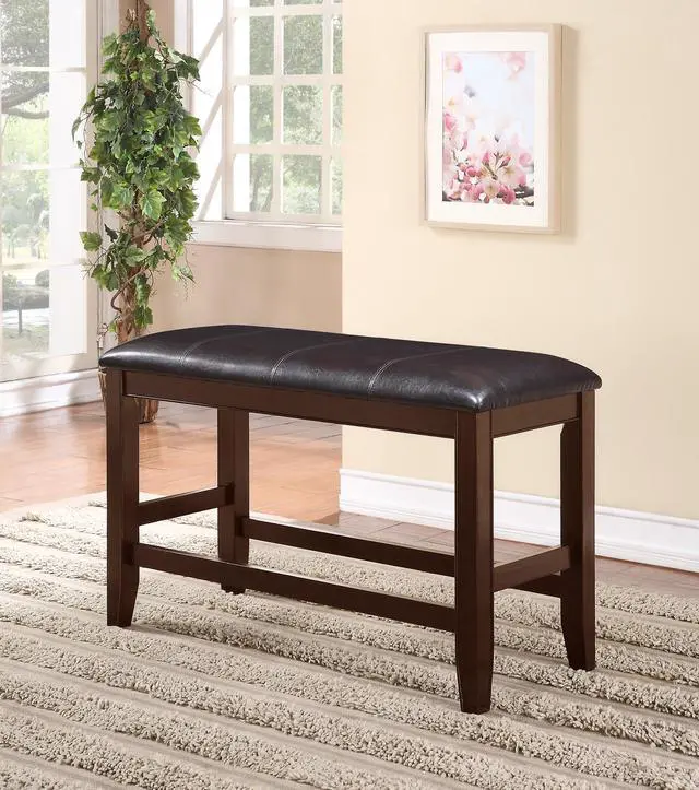 Main image of Farmhouse Style 1pc Brown Espresso Counter Height Bench Footrest Faux Leather Upholstered Seat Wooden Furniture