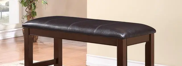 Alt view image 3 of 5 - Farmhouse Style 1pc Brown Espresso Counter Height Bench Footrest Faux Leather Upholstered Seat Wooden Furniture