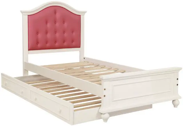 Main image of Contemporary Style Twin Size Bed W/ Trundle Slats Pine Plywood Kids Youth Bedroom Furniture Pink Faux Leather Tufted Hb