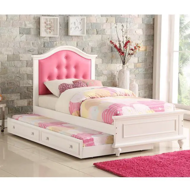 Alt view image 2 of 7 - Contemporary Style Twin Size Bed W/ Trundle Slats Pine Plywood Kids Youth Bedroom Furniture Pink Faux Leather Tufted Hb