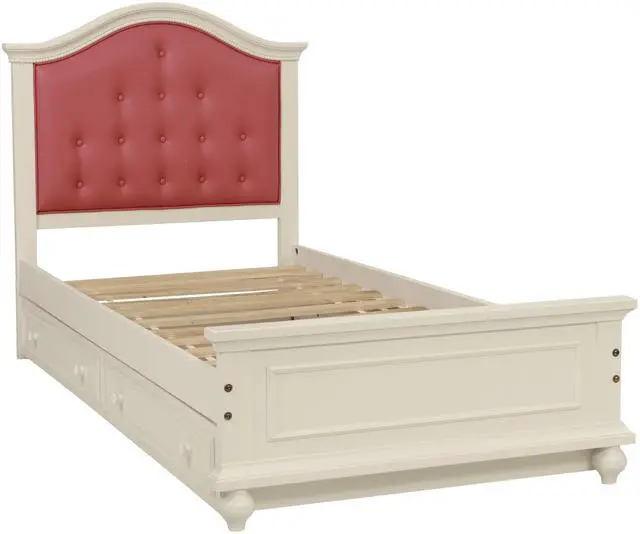 Alt view image 6 of 7 - Contemporary Style Twin Size Bed W/ Trundle Slats Pine Plywood Kids Youth Bedroom Furniture Pink Faux Leather Tufted Hb