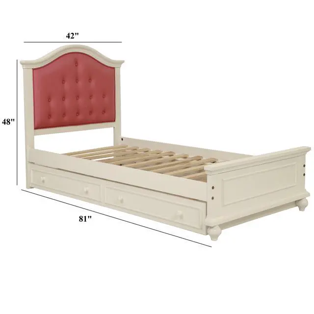 Alt view image 3 of 7 - Contemporary Style Twin Size Bed W/ Trundle Slats Pine Plywood Kids Youth Bedroom Furniture Pink Faux Leather Tufted Hb