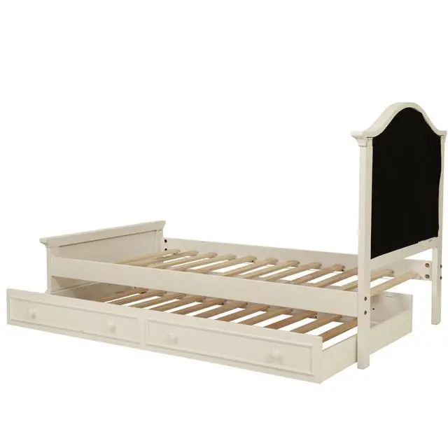 Alt view image 5 of 7 - Contemporary Style Twin Size Bed W/ Trundle Slats Pine Plywood Kids Youth Bedroom Furniture Pink Faux Leather Tufted Hb