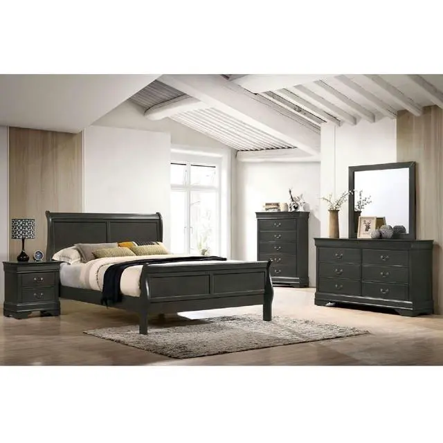 Alt view image 7 of 7 - Classic Contemporary Queen Size Bed Gray Louis Phillipe Solidwood 1Pc Bed Bedroom Sleigh Bed Furniture