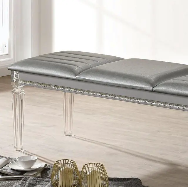 Alt view image 3 of 7 - Antique Classic Silver 1pc Bench Only Contemporary Solid wood Acrylic Legs Crystal And Mirror Accent