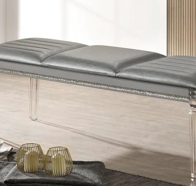 Alt view image 4 of 7 - Antique Classic Silver 1pc Bench Only Contemporary Solid wood Acrylic Legs Crystal And Mirror Accent