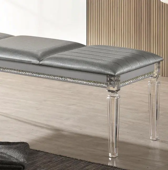 Alt view image 7 of 7 - Antique Classic Silver 1pc Bench Only Contemporary Solid wood Acrylic Legs Crystal And Mirror Accent