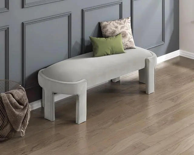 Alt view image 4 of 6 - Stylish Upholstered Bench Taupe Velvet Fabric Foam Cushioned Seat Luxurious Comfort Home Furniture 1pc Durable Plywood Frame Entryway Bench