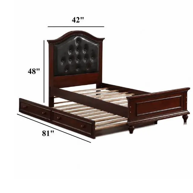Alt view image 3 of 7 - Contemporary Style Dark Cherry Twin Size Bed W/ Trundle Slats Pine Plywood Bedroom Furniture Black Faux Leather Tufted Hb