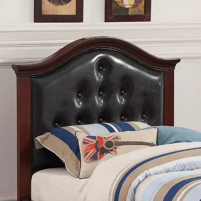 Alt view image 4 of 7 - Contemporary Style Dark Cherry Twin Size Bed W/ Trundle Slats Pine Plywood Bedroom Furniture Black Faux Leather Tufted Hb