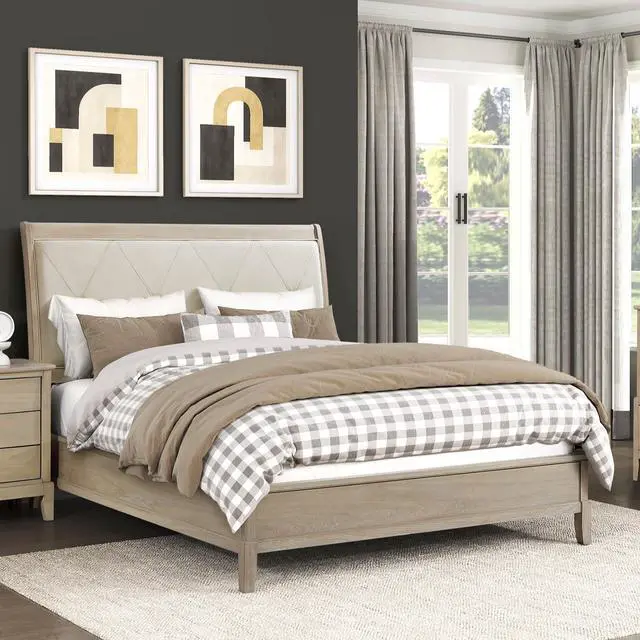 Main image of Classic Farmhouse Style Full Bed Upholstered Headboard Beige Finish Wooden Bedroom Furniture 1pc