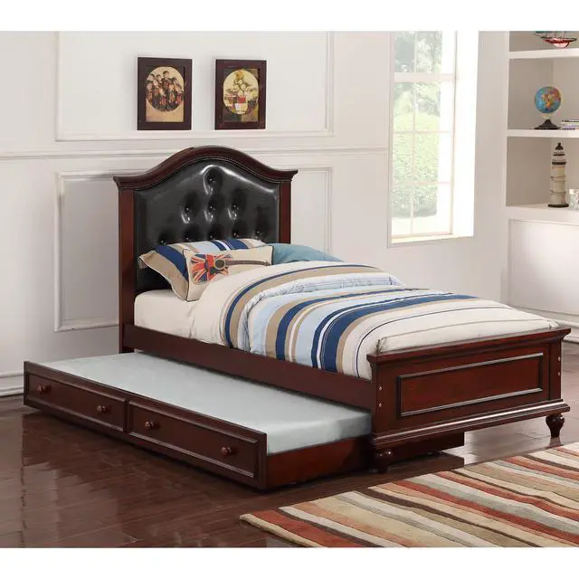 Alt view image 2 of 7 - Contemporary Style Dark Cherry Twin Size Bed W/ Trundle Slats Pine Plywood Bedroom Furniture Black Faux Leather Tufted Hb