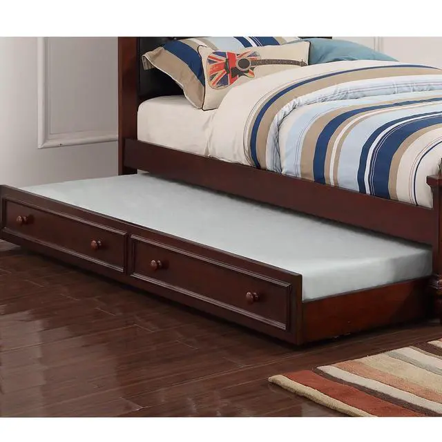 Alt view image 7 of 7 - Contemporary Style Dark Cherry Twin Size Bed W/ Trundle Slats Pine Plywood Bedroom Furniture Black Faux Leather Tufted Hb