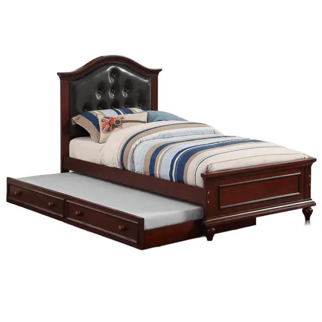 Alt view image 5 of 7 - Contemporary Style Dark Cherry Twin Size Bed W/ Trundle Slats Pine Plywood Bedroom Furniture Black Faux Leather Tufted Hb
