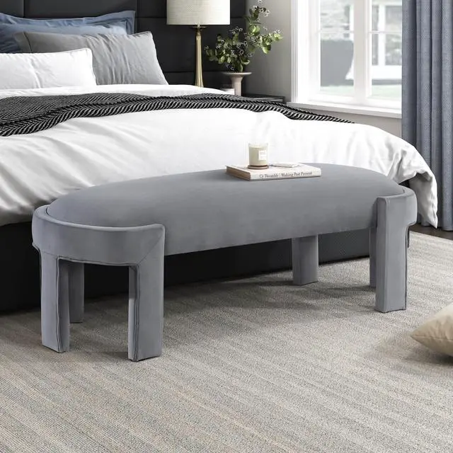 Main image of Stylish Upholstered Bench Gray Velvet Fabric Foam Cushioned Seat Luxurious Comfort Home Furniture 1pc Durable Plywood Frame Entryway Bench