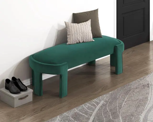 Alt view image 4 of 6 - Stylish Upholstered Bench Green Velvet Fabric Foam Cushioned Seat Luxurious Comfort Home Furniture 1pc Durable Plywood Frame Entryway Bench