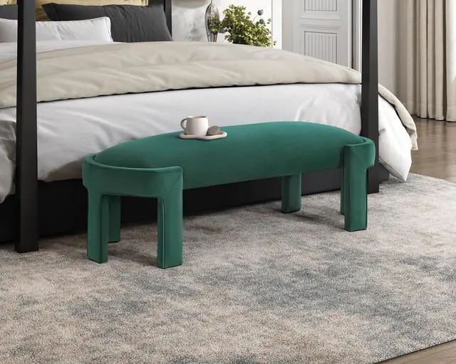 Alt view image 5 of 6 - Stylish Upholstered Bench Green Velvet Fabric Foam Cushioned Seat Luxurious Comfort Home Furniture 1pc Durable Plywood Frame Entryway Bench