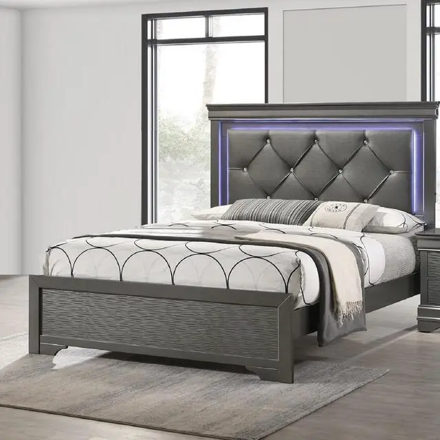 Alt view image 2 of 7 - Dark Gray Faux Leather Tufted Headboard 1pc Eastern King Size Bed w LED Bedroom Furniture Gray Unique Texture FB Solid wood