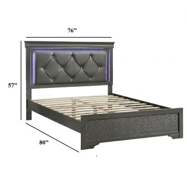 Alt view image 3 of 7 - Dark Gray Faux Leather Tufted Headboard 1pc Eastern King Size Bed w LED Bedroom Furniture Gray Unique Texture FB Solid wood