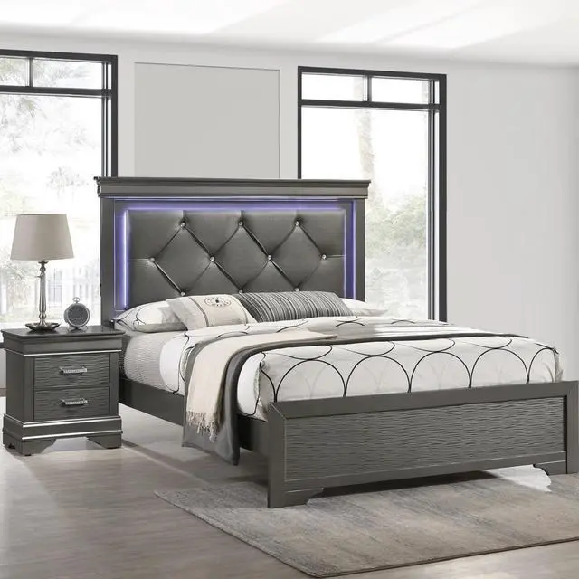 Alt view image 4 of 7 - Dark Gray Faux Leather Tufted Headboard 1pc Eastern King Size Bed w LED Bedroom Furniture Gray Unique Texture FB Solid wood