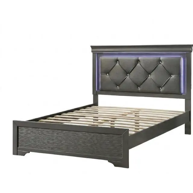 Main image of Dark Gray Faux Leather Tufted Headboard 1pc Eastern King Size Bed w LED Bedroom Furniture Gray Unique Texture FB Solid wood
