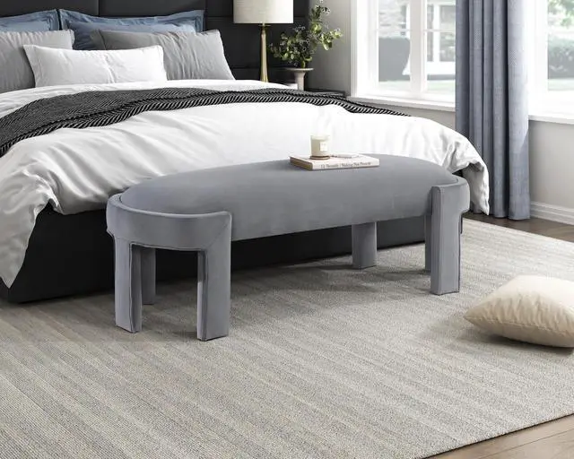 Alt view image 5 of 6 - Stylish Upholstered Bench Gray Velvet Fabric Foam Cushioned Seat Luxurious Comfort Home Furniture 1pc Durable Plywood Frame Entryway Bench