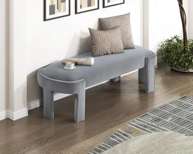 Alt view image 4 of 6 - Stylish Upholstered Bench Gray Velvet Fabric Foam Cushioned Seat Luxurious Comfort Home Furniture 1pc Durable Plywood Frame Entryway Bench