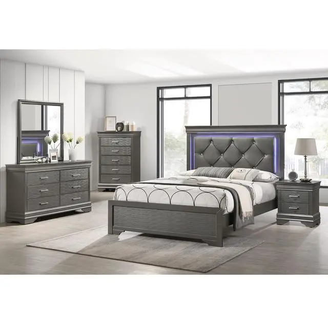 Alt view image 7 of 7 - Dark Gray Faux Leather Tufted Headboard 1pc Eastern King Size Bed w LED Bedroom Furniture Gray Unique Texture FB Solid wood