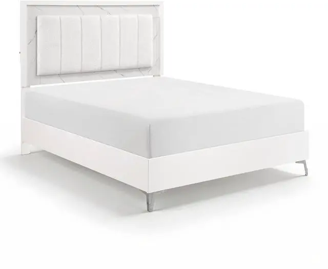 Alt view image 2 of 7 - Glam White Queen Panel Bed Led Light Upholstered Headboard Faux Marble Laminated Top Chrome Metal Legs Bedroom Furniture 1Pc