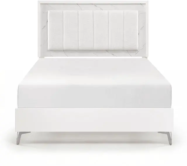 Alt view image 4 of 7 - Glam White Queen Panel Bed Led Light Upholstered Headboard Faux Marble Laminated Top Chrome Metal Legs Bedroom Furniture 1Pc