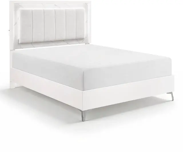Main image of Glam White Queen Panel Bed Led Light Upholstered Headboard Faux Marble Laminated Top Chrome Metal Legs Bedroom Furniture 1Pc