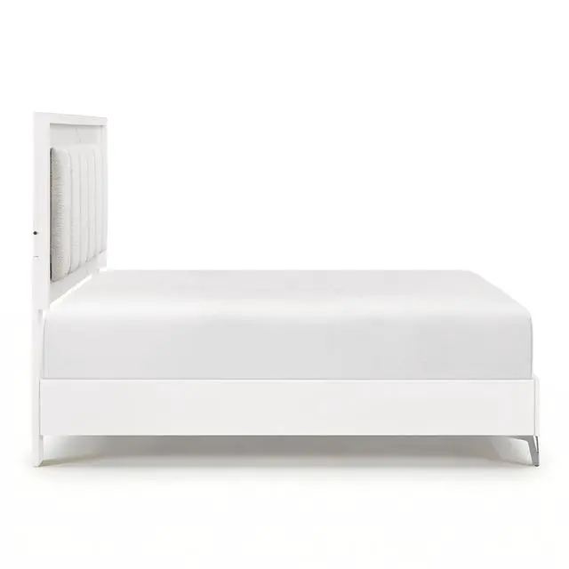 Alt view image 5 of 7 - Glam White Queen Panel Bed Led Light Upholstered Headboard Faux Marble Laminated Top Chrome Metal Legs Bedroom Furniture 1Pc