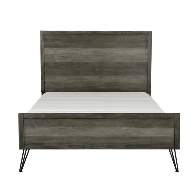 Alt view image 2 of 6 - Contemporary Queen Bed Solid Acacia Wood Metal Legs Slat Design Paneling 3-Tone Gray Finish Bedroom Furniture 1Pc