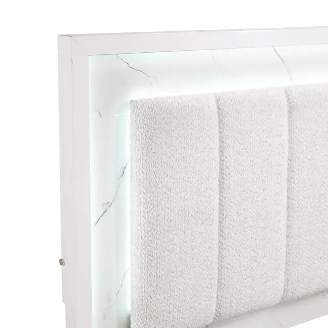 Alt view image 6 of 7 - Glam White Queen Panel Bed Led Light Upholstered Headboard Faux Marble Laminated Top Chrome Metal Legs Bedroom Furniture 1Pc