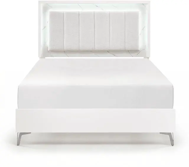 Alt view image 3 of 7 - Glam White Queen Panel Bed Led Light Upholstered Headboard Faux Marble Laminated Top Chrome Metal Legs Bedroom Furniture 1Pc