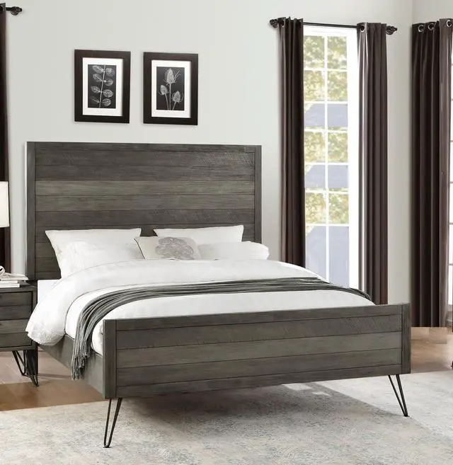 Alt view image 4 of 6 - Contemporary Queen Bed Solid Acacia Wood Metal Legs Slat Design Paneling 3-Tone Gray Finish Bedroom Furniture 1Pc