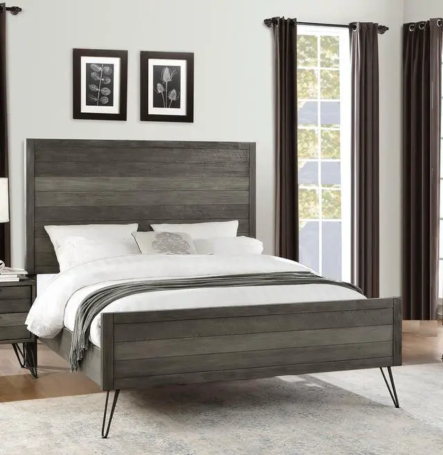 Alt view image 4 of 6 - Contemporary Full Bed Solid Acacia Wood Metal Legs Slat Design Paneling 3-Tone Gray Finish Bedroom Furniture 1Pc