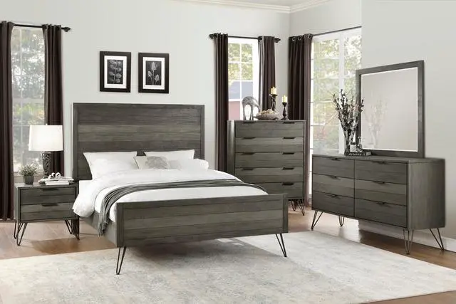 Alt view image 5 of 6 - Contemporary Queen Bed Solid Acacia Wood Metal Legs Slat Design Paneling 3-Tone Gray Finish Bedroom Furniture 1Pc