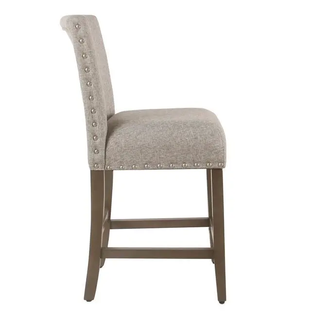 Alt view image 3 of 6 - Fabric Upholstered Wooden Counter Stool with Striking Nail head Trims, Gray and Brown