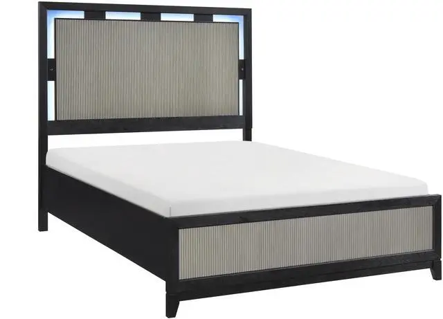 Main image of Contemporary Charcoal Gray Finish Queen Size Bed Integrated LED Backlighting Solid Wood Bedroom Furniture 1pc Reeded Panels